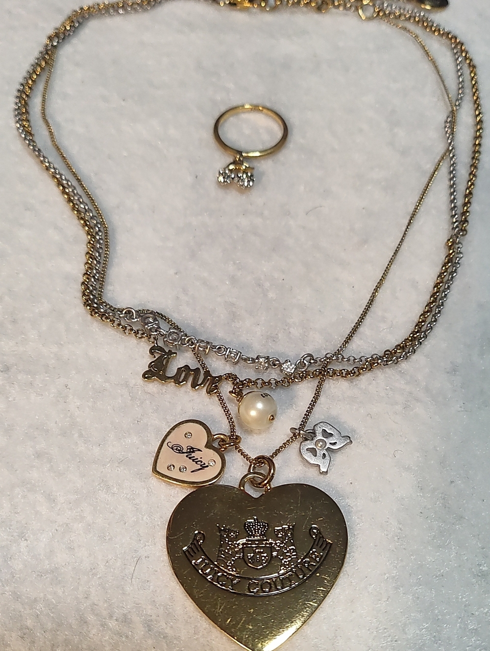 Gold-Tone Layered Heart Charm Necklace with Pearl and 'Love' Script - Unbranded